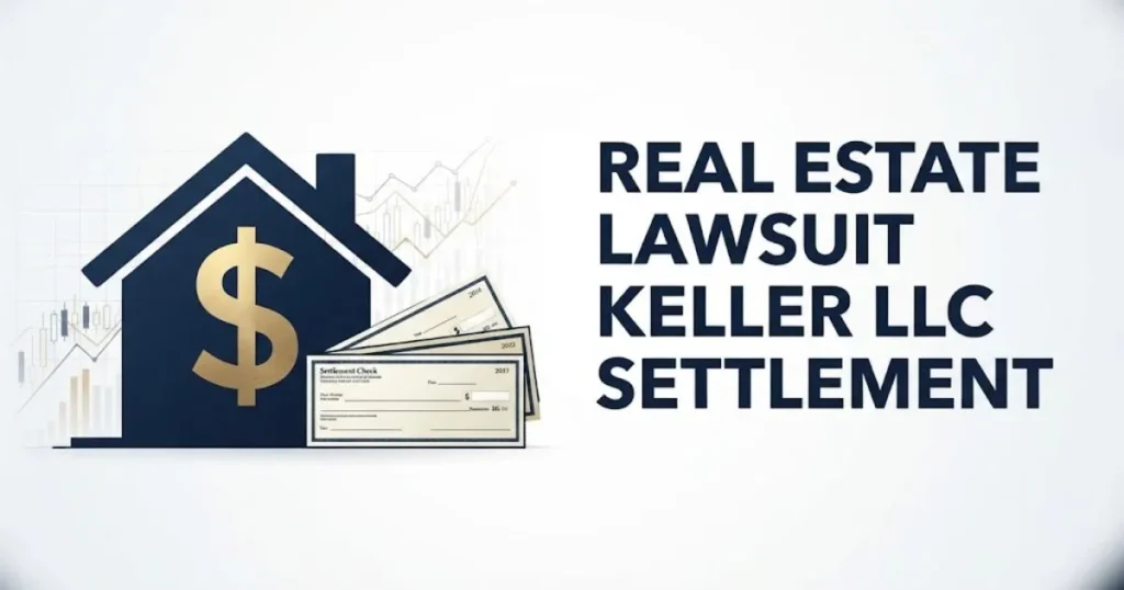 Real estate lawsuit Keller LLC settlement graphic with house silhouette, check icons, and navy gold color scheme