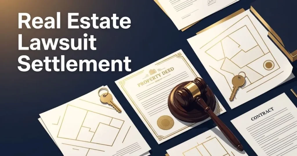Real estate lawsuit settlement graphic with legal documents, gavel, and property deed on navy background