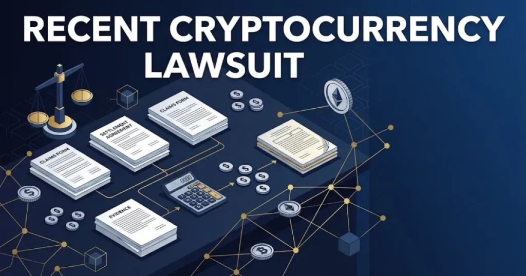 Recent cryptocurrency lawsuit hero banner with legal scales and blockchain graphics on navy background