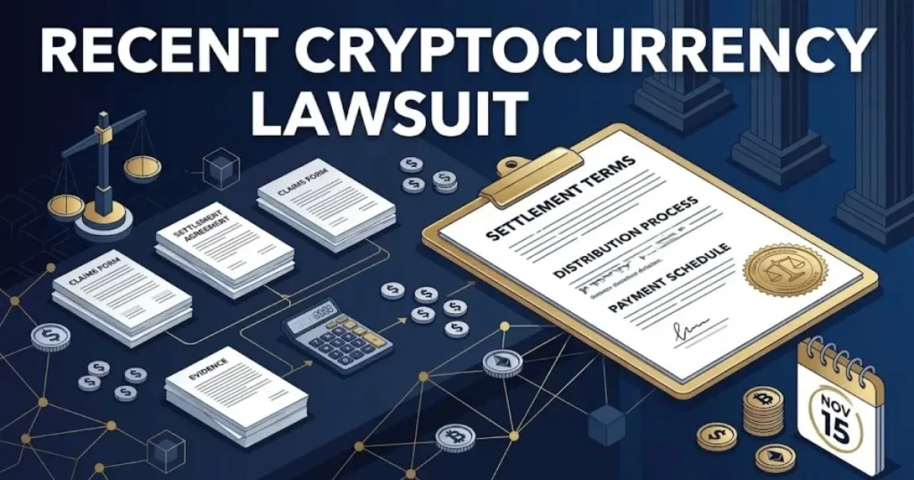 Recent cryptocurrency lawsuit settlement graphic with document icons and deadline calendar on navy background