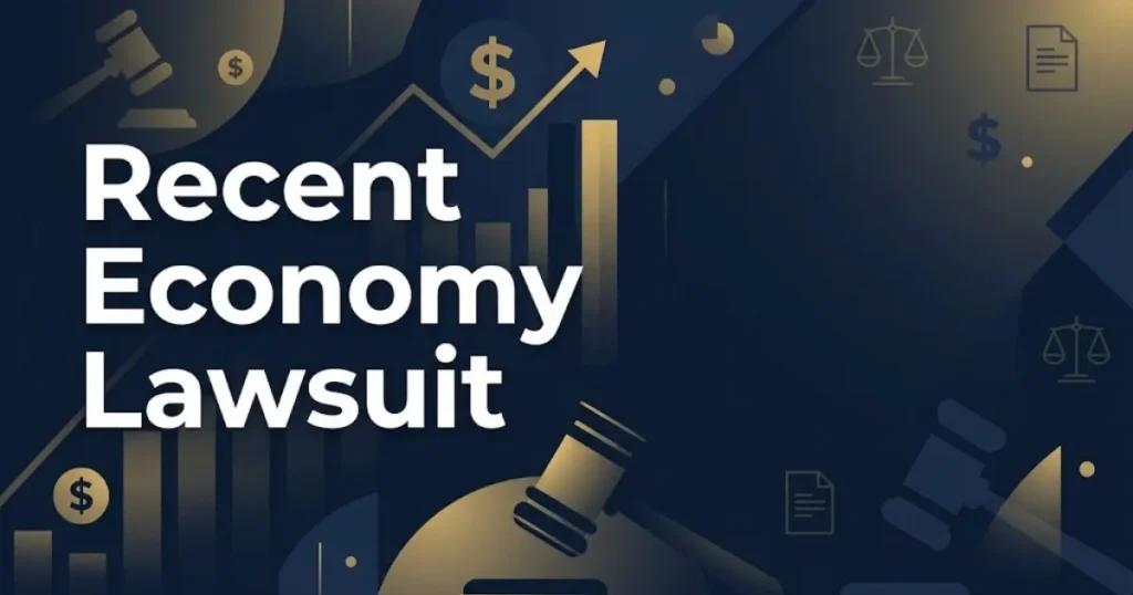Recent economy lawsuit banner with price charts and legal symbols in navy and gold