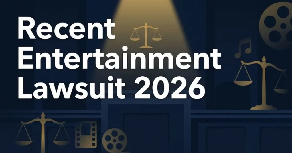 Recent entertainment lawsuit 2026 hero banner with gold scales of justice and film reel icons on navy background