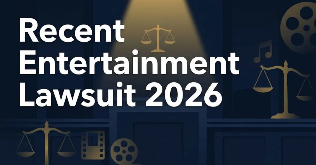 Recent entertainment lawsuit 2026 hero banner with gold scales of justice and film reel icons on navy background