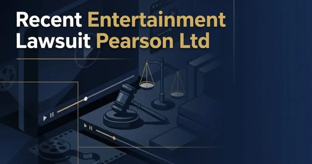 Recent entertainment lawsuit Pearson Ltd hero banner with legal scales and digital streaming icons on navy background