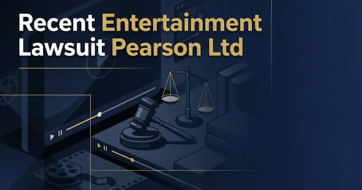 Recent entertainment lawsuit Pearson Ltd hero banner with legal scales and digital streaming icons on navy background