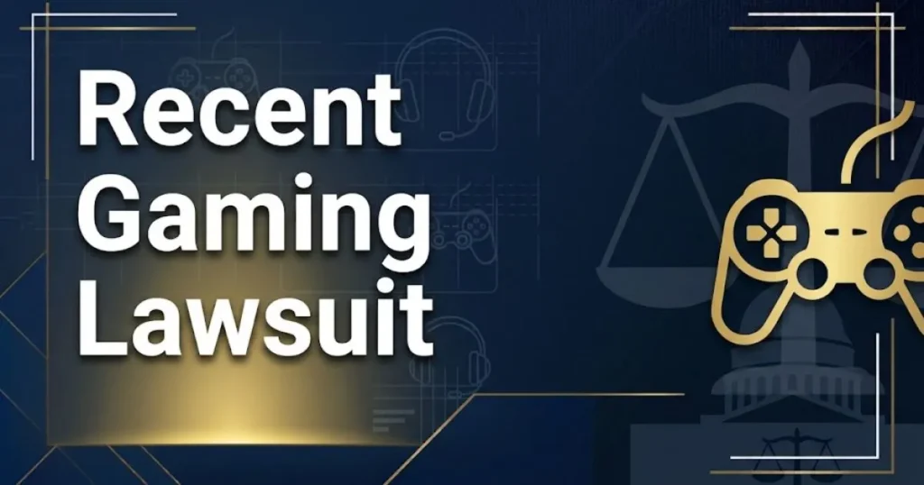 Recent gaming lawsuit hero banner with scales of justice and gaming controller silhouettes on navy background