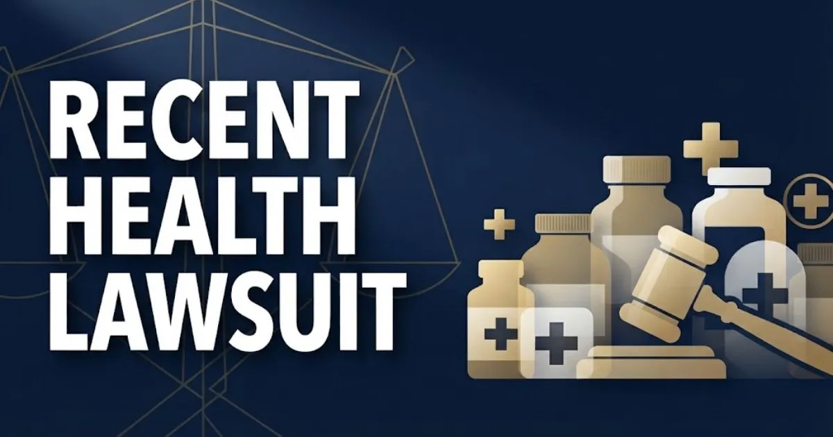 Recent health lawsuit banner with legal scales, pharmaceutical icons, and gold accents on navy background