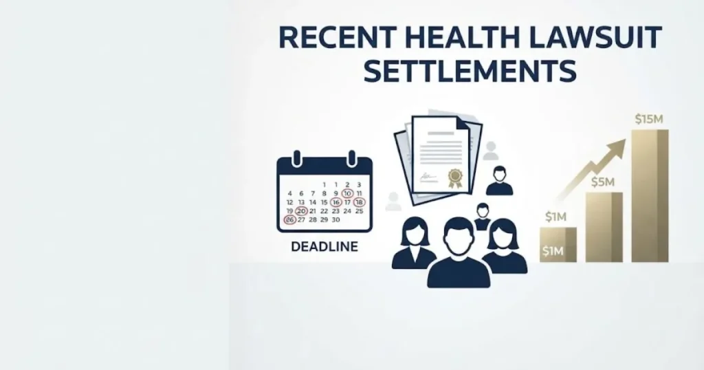 Recent health lawsuit settlements graphic with calendar deadlines, legal documents, and settlement chart icons