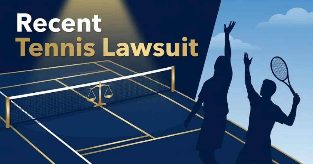 Recent tennis lawsuit hero banner with scales of justice over a stylized tennis court in navy and gold