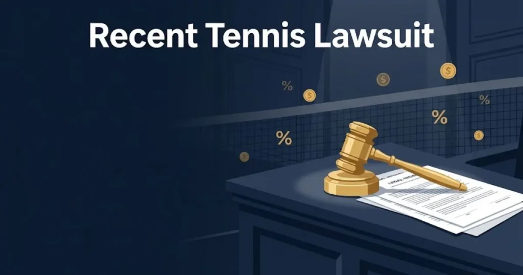 Recent tennis lawsuit supporting graphic showing a gavel and legal documents with tennis net pattern in navy and gold