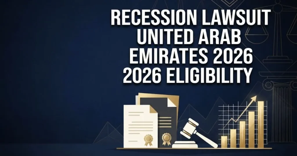Recession lawsuit United Arab Emirates 2026 eligibility graphic with legal documents and financial chart on navy background