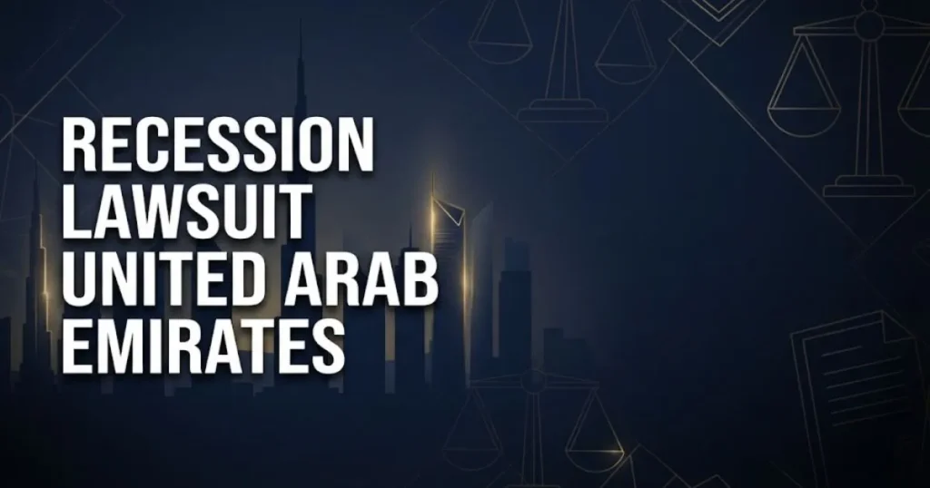 Recession lawsuit United Arab Emirates hero banner with Dubai skyline silhouette and gold legal symbols on navy background