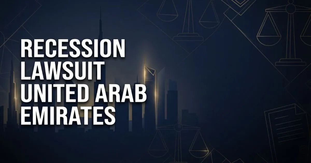 Recession lawsuit United Arab Emirates hero banner with Dubai skyline silhouette and gold legal symbols on navy background