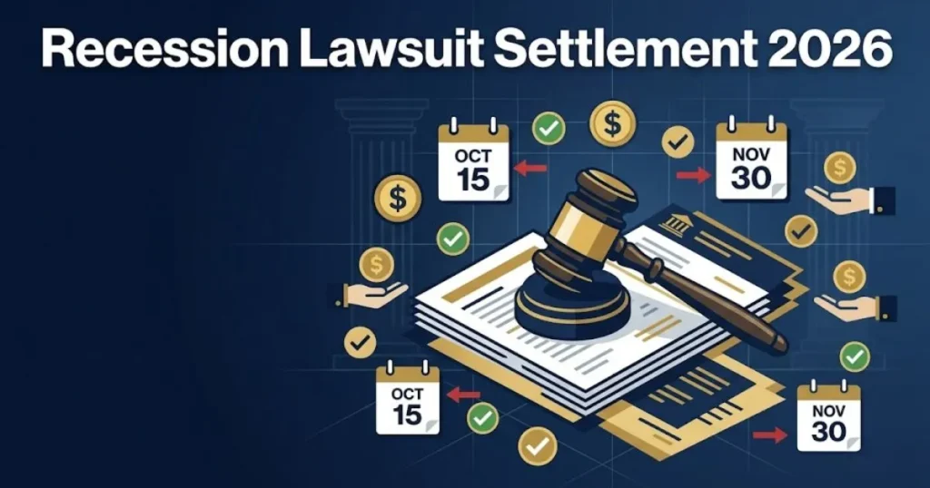 Recession lawsuit settlement 2026 graphic with gavel, financial documents, and claim icons on navy background