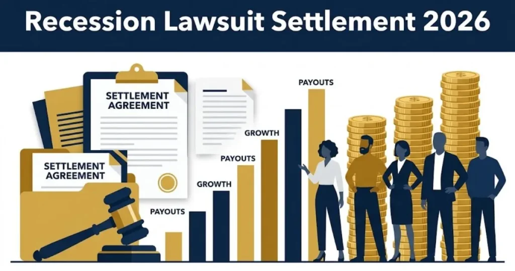 Recession lawsuit settlement 2026 graphic with legal documents and payout chart in navy and gold
