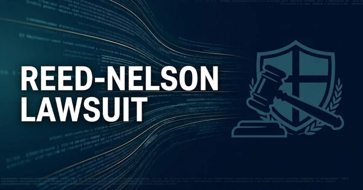 Reed-Nelson lawsuit hero banner with digital data privacy theme and legal gavel icon on navy background