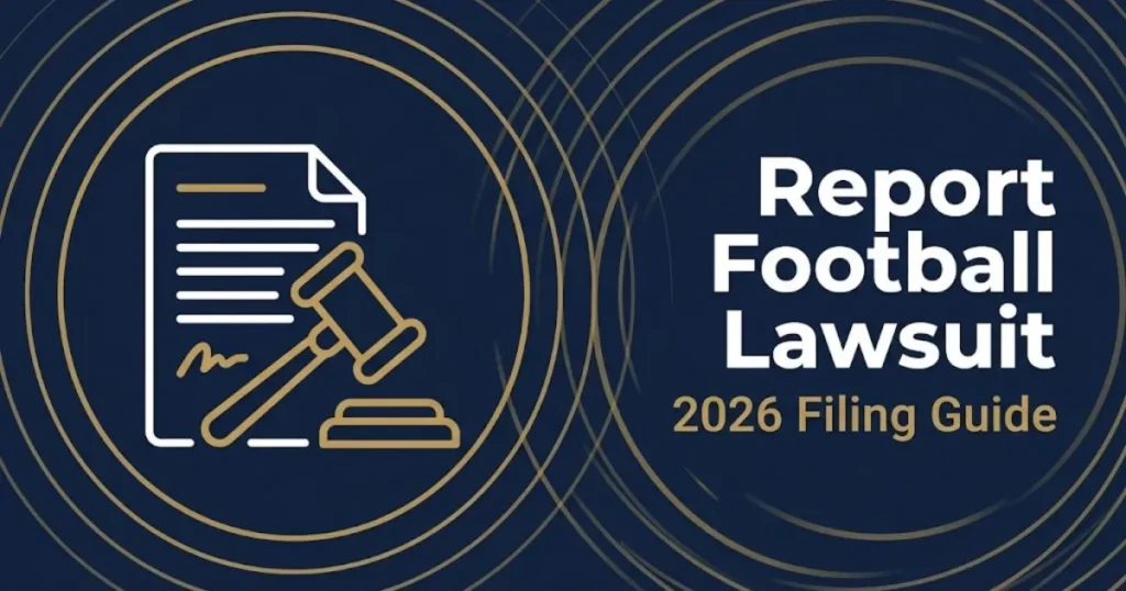 Report Football Lawsuit 2026 filing guide graphic with legal gavel and document icons