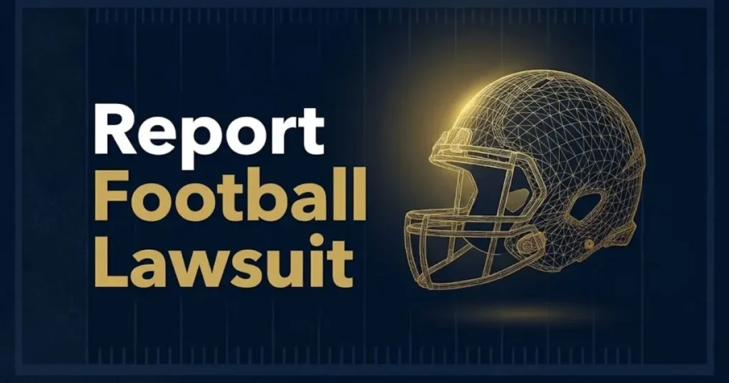 Report Football Lawsuit hero banner with gold football helmet silhouette on navy background