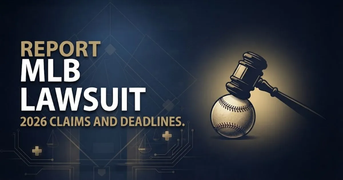 Report MLB lawsuit hero banner with gavel and baseball silhouette on navy background