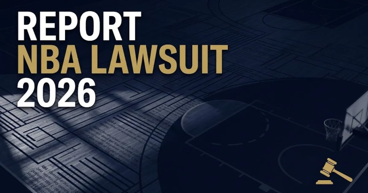 Report NBA lawsuit 2026 hero banner with basketball court and gavel icon on navy background