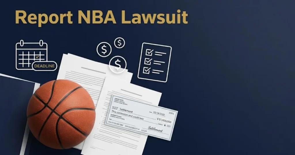 Report NBA lawsuit supporting graphic with legal documents and basketball on navy desk