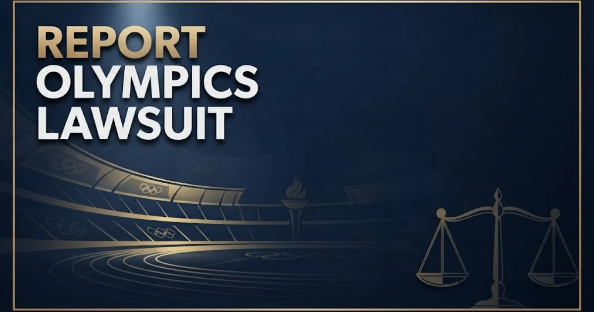 Report Olympics Lawsuit hero banner with legal scales and Olympic stadium silhouette in navy and gold