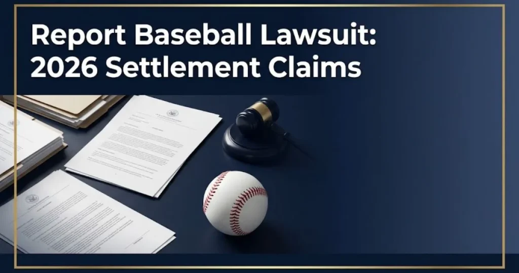 Report baseball lawsuit 2026 settlement claims graphic with legal documents and gavel on navy background