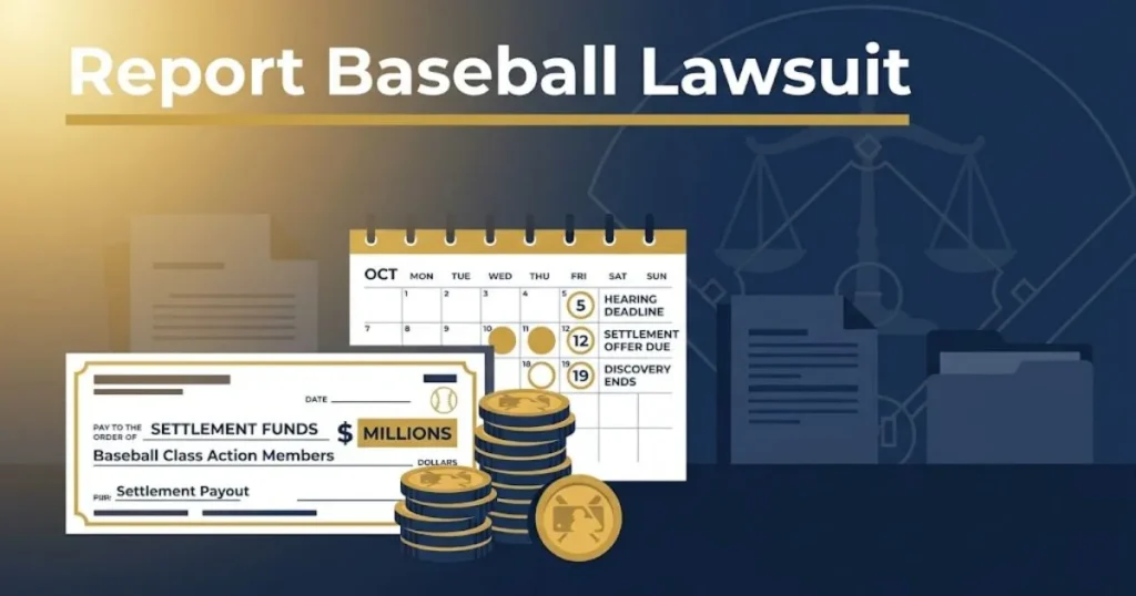 Report baseball lawsuit hero banner with legal scales and baseball diamond on navy background