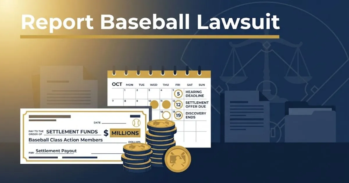 Report baseball lawsuit hero banner with legal scales and baseball diamond on navy background
