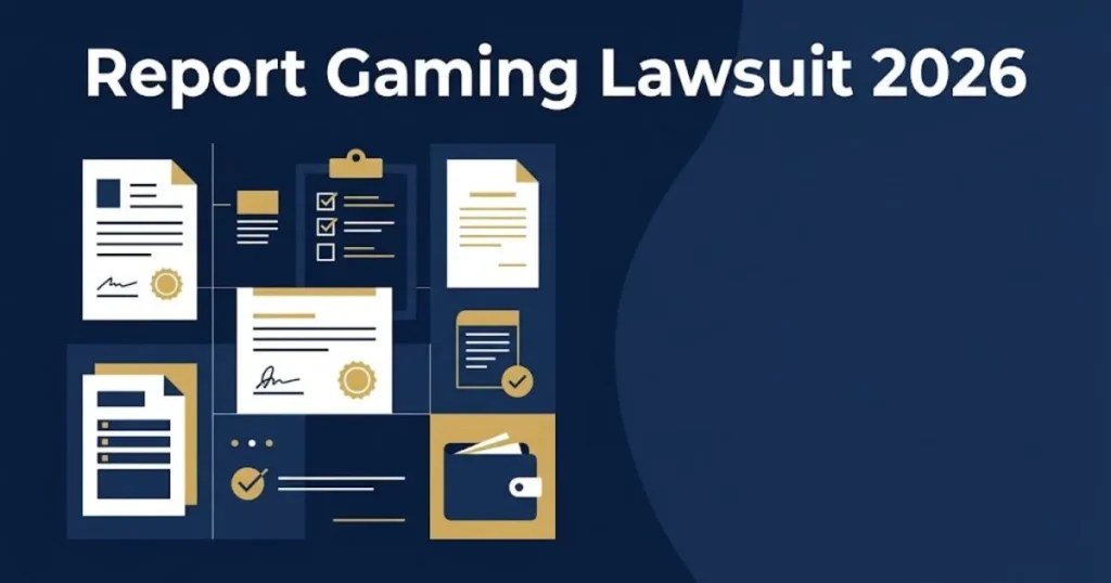 Report gaming lawsuit 2026 settlement claim process graphic with document icons and gold accents on navy background