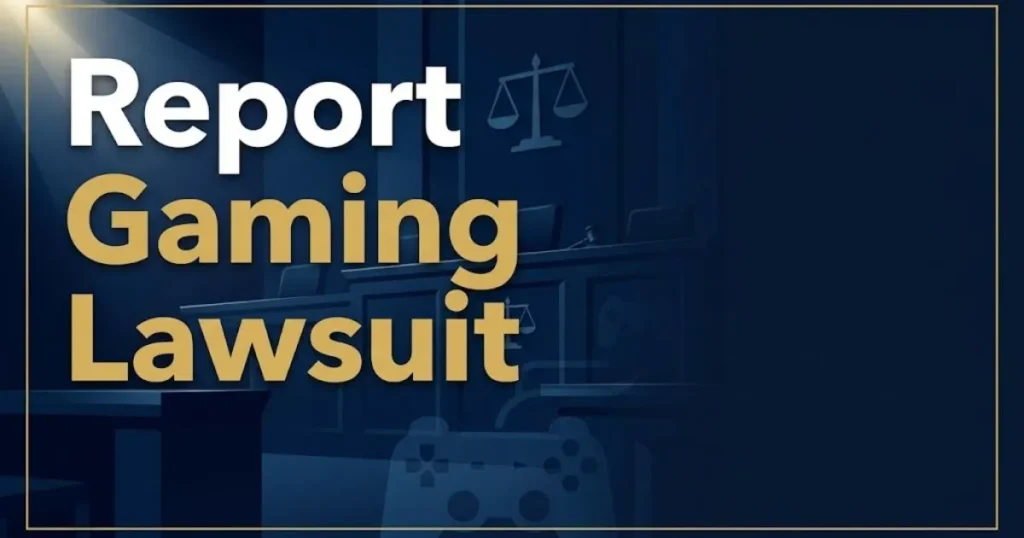 Report gaming lawsuit hero banner with navy courtroom graphics and gold legal scales for 2026 filing guide