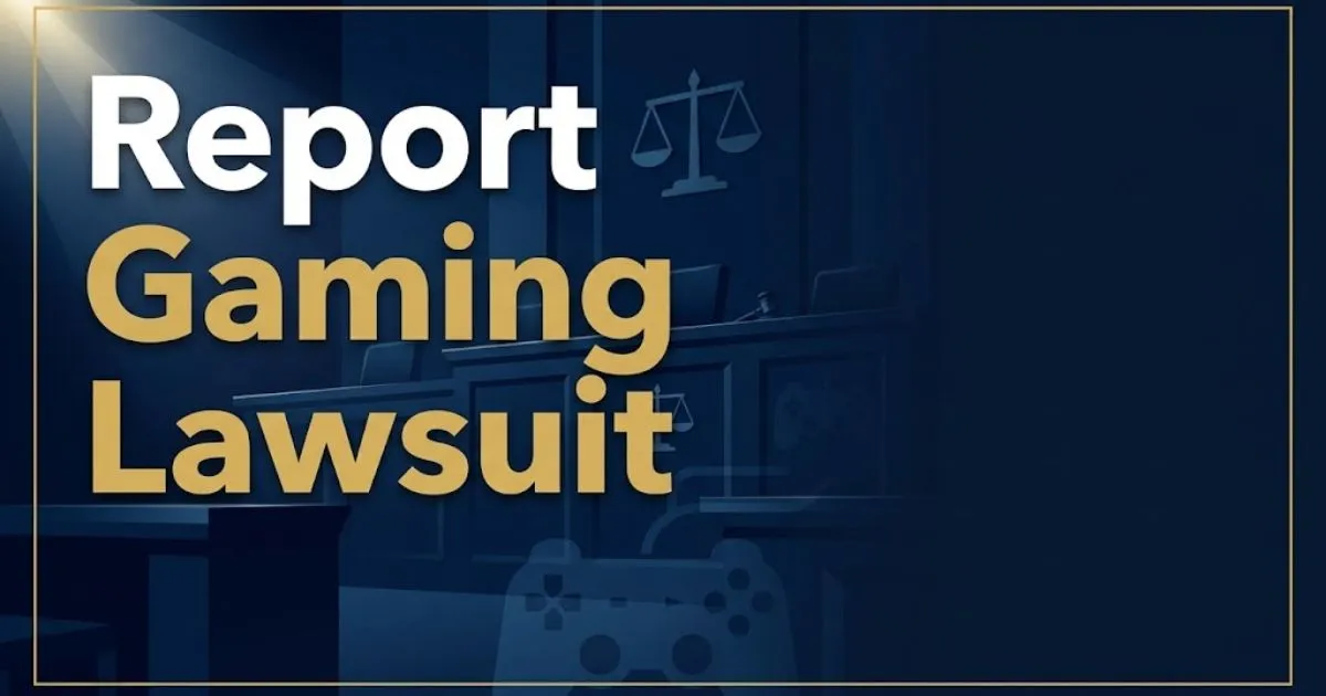 Report gaming lawsuit hero banner with navy courtroom graphics and gold legal scales for 2026 filing guide