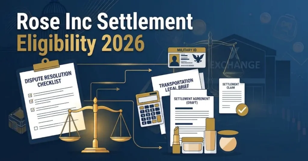 Rose Inc settlement eligibility 2026 graphic showing cosmetic products and military claim document icons