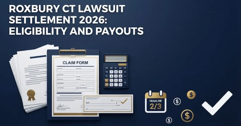 Roxbury CT lawsuit settlement 2026 eligibility and payouts graphic with claim form and legal document icons