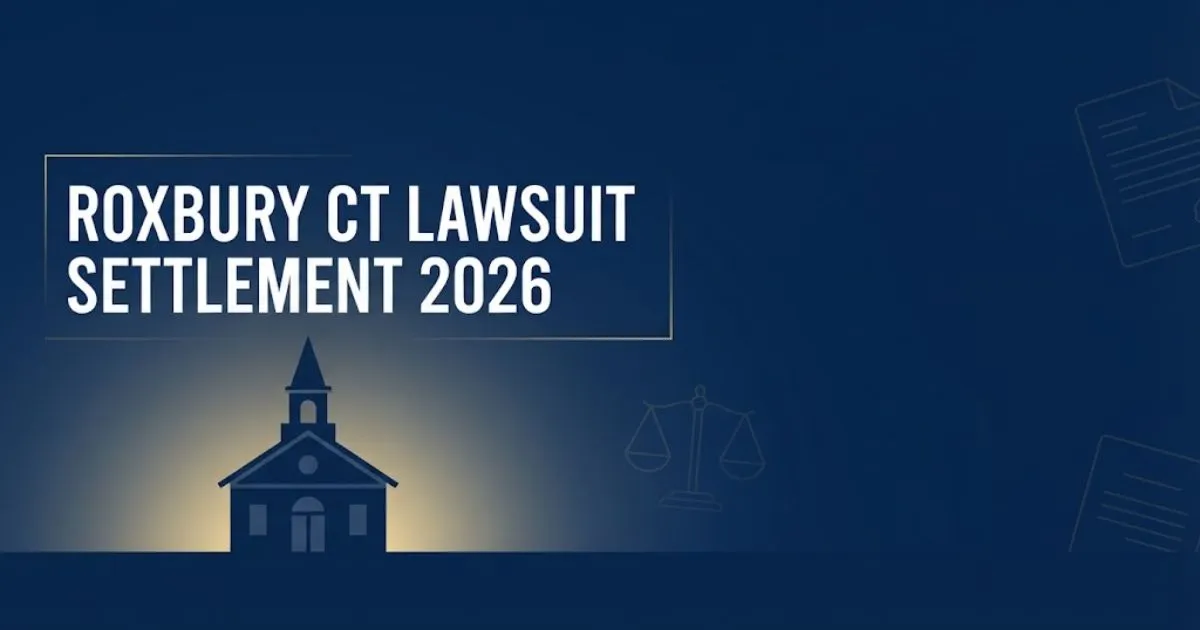 Roxbury CT lawsuit settlement 2026 hero banner with town hall silhouette and legal symbols on navy background