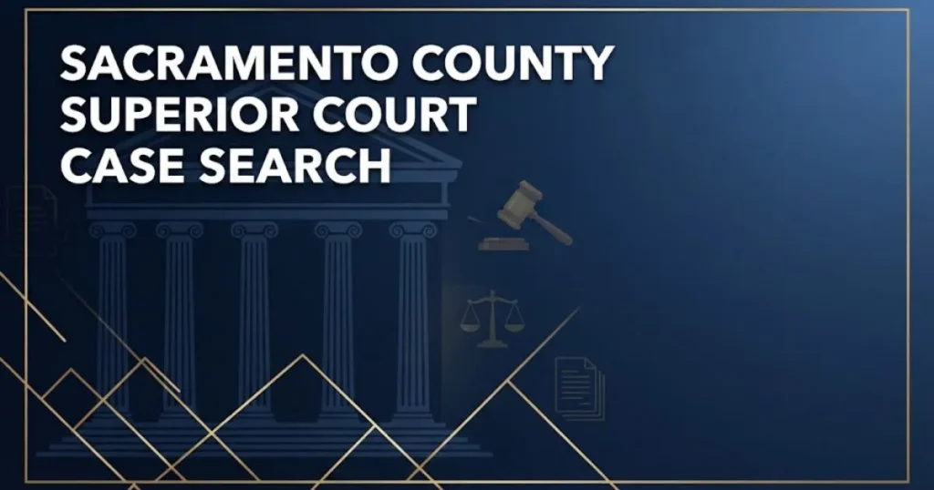 Sacramento county superior court case search banner with courthouse silhouette and legal icons in navy and gold
