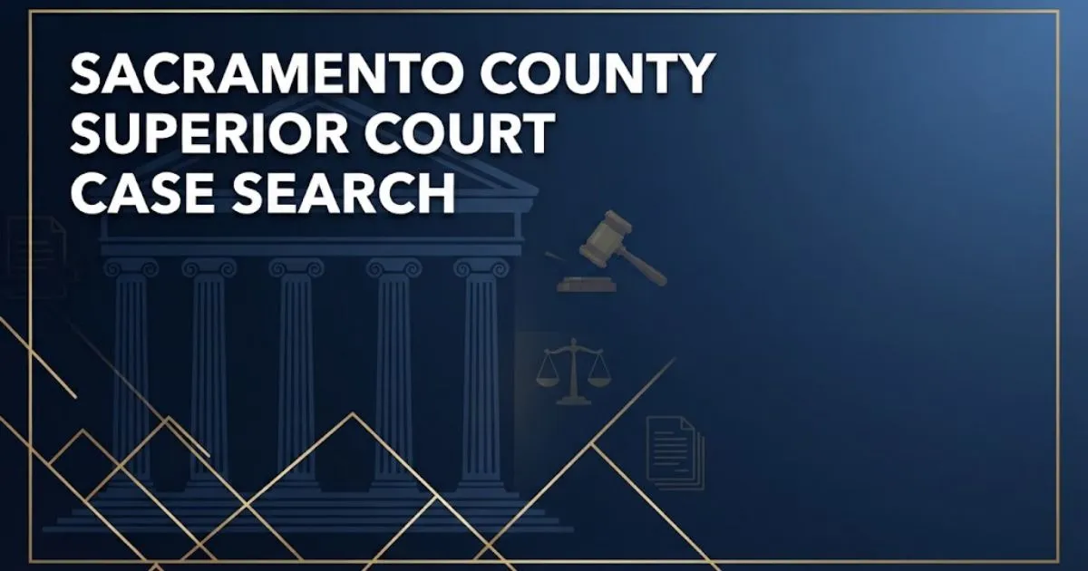 Sacramento county superior court case search banner with courthouse silhouette and legal icons in navy and gold