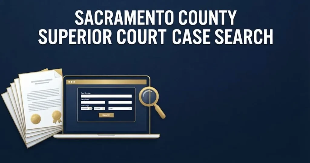Sacramento county superior court case search graphic with laptop, documents, and magnifying glass in navy and gold