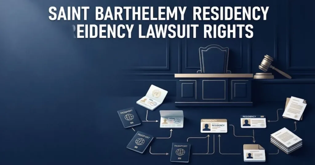Saint Barthelemy residency lawsuit rights graphic with abstract courtroom icons and visa document symbols in navy and gold