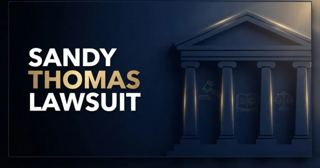 Sandy Thomas lawsuit 2026 editorial banner with courthouse silhouette and bold navy gold typography.
