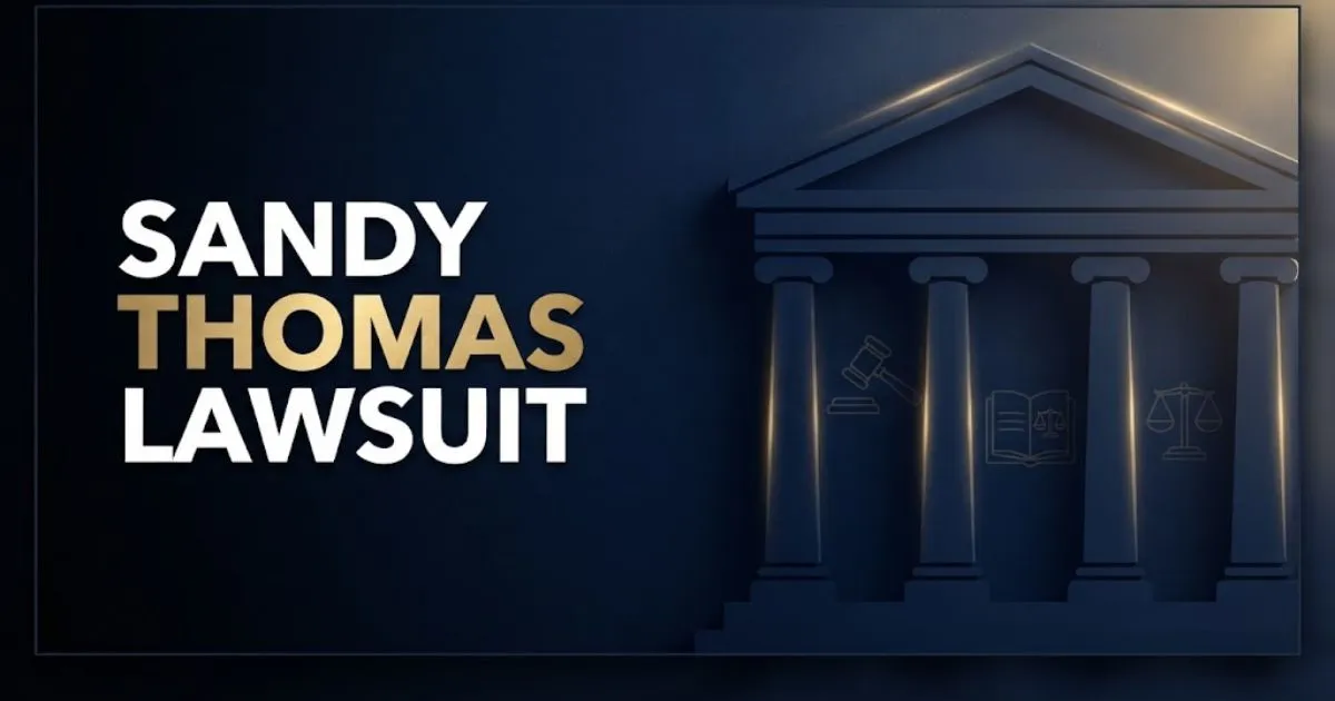 Sandy Thomas lawsuit 2026 editorial banner with courthouse silhouette and bold navy gold typography.