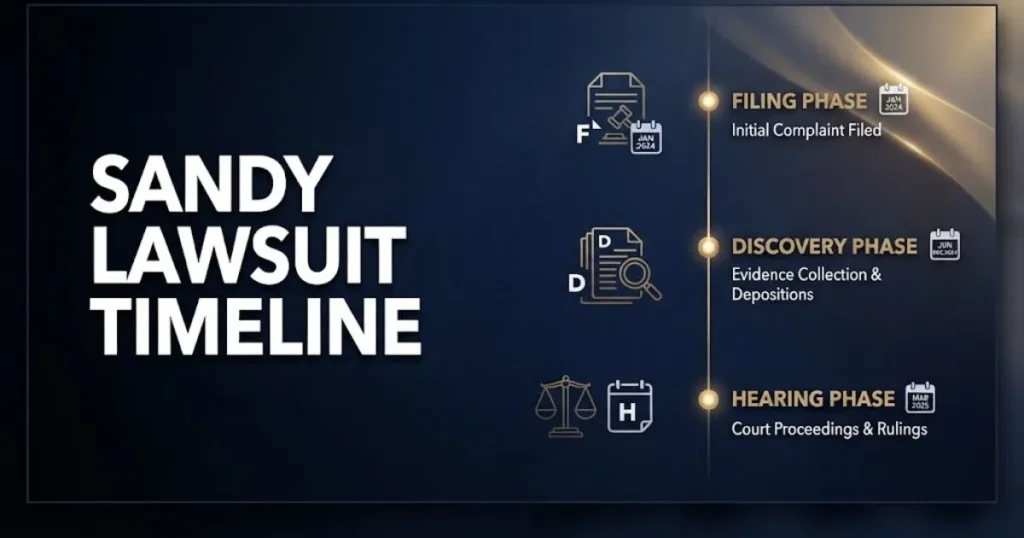Sandy Thomas lawsuit timeline graphic showing 2026 filing, discovery, and hearing phases in navy and gold.