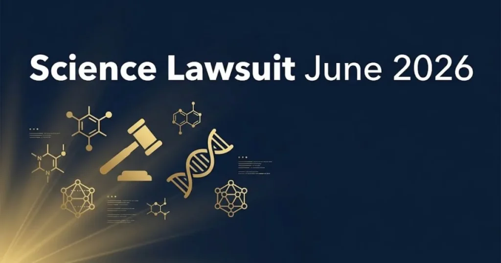 Science lawsuit june 2026 hero banner with gavel and DNA helix icons on navy background
