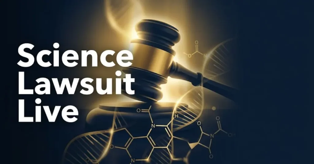 Science lawsuit live banner with gavel and molecular structures in navy and gold editorial design