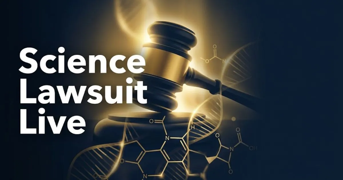 Science lawsuit live banner with gavel and molecular structures in navy and gold editorial design