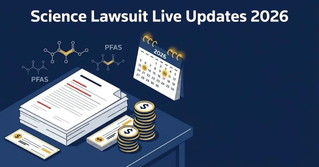Science lawsuit live updates 2026 graphic with settlement documents and chemical diagrams in navy and gold