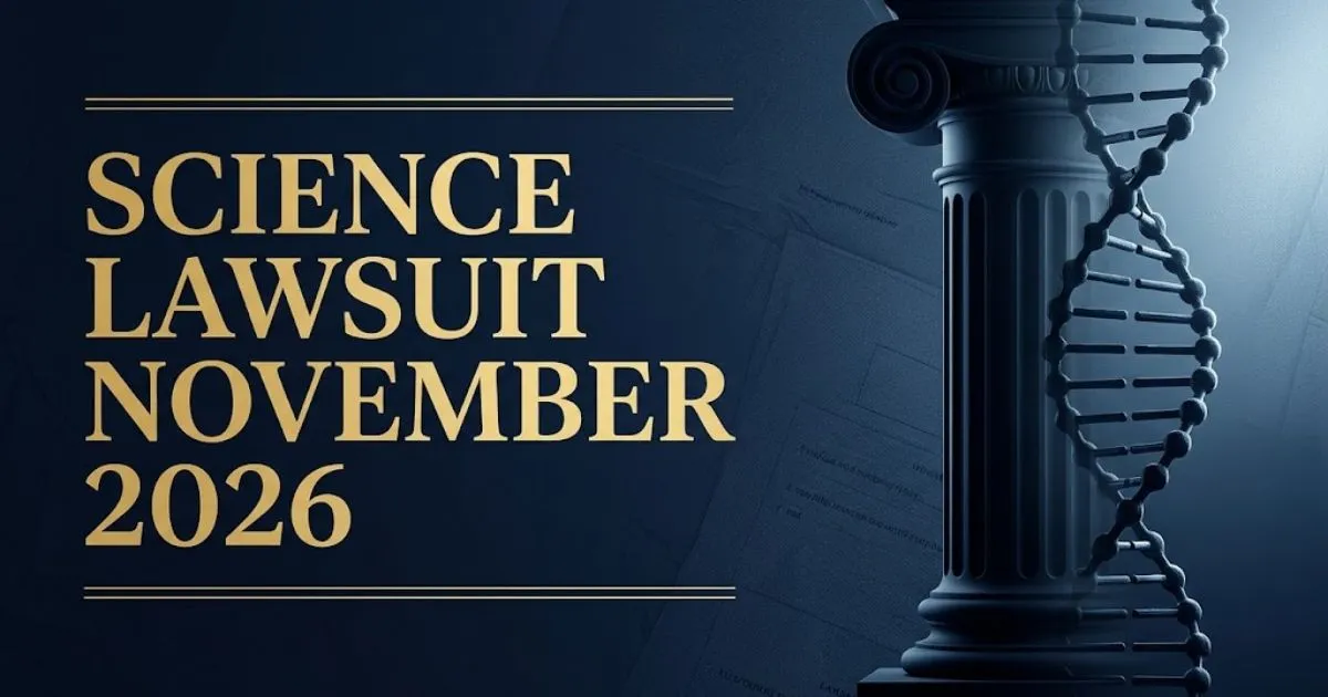 Science lawsuit november 2026 hero banner with courthouse column and DNA helix on navy background.