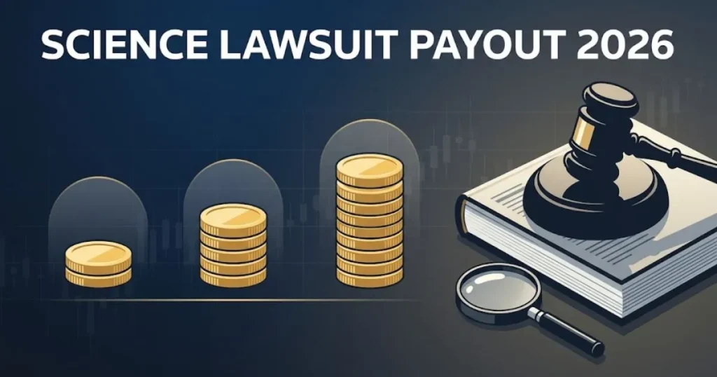 Science lawsuit november 2026 payout tiers graphic with gavel, journal, and tiered coin icons.