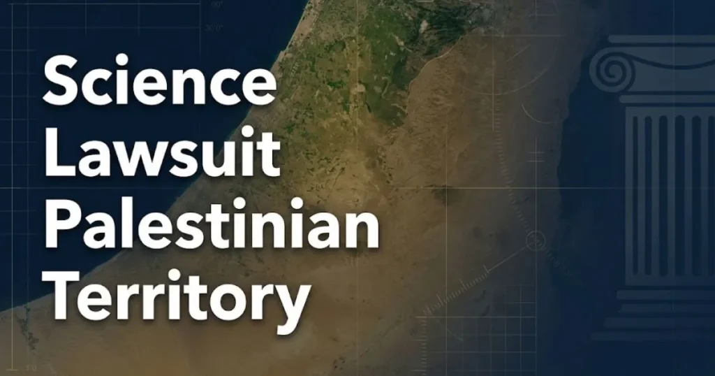 Science lawsuit palestinian territory hero banner with aerial environmental imagery and legal symbols