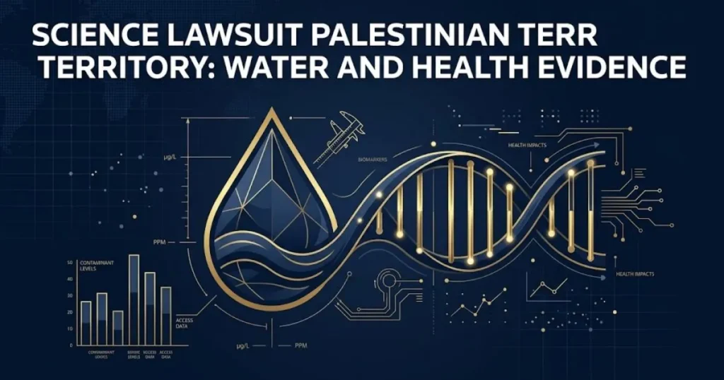Science lawsuit palestinian territory supporting graphic showing water and health evidence icons